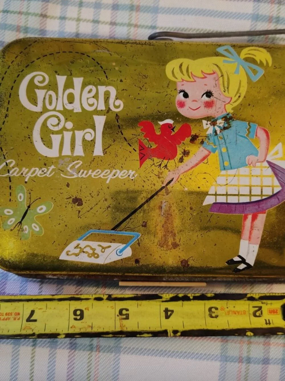 Golden Girl Vintage Tin Carpet Sweeper Toy with Handle and Brush